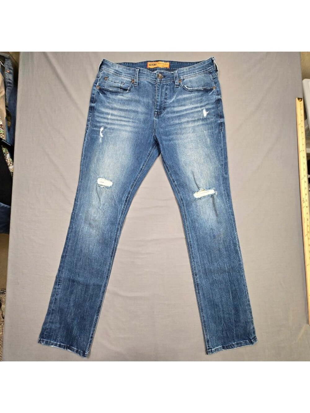 Seven7 W34 L34 Mens Slim Straight Jeans Distressed Blue Denim Casual Wear